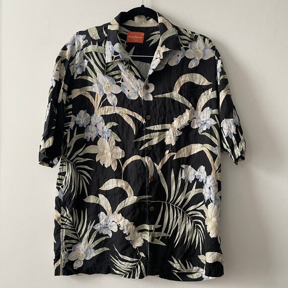 Tommy Bahama 100% Silk Black Orchid Floral Hawaiian Camp Shirt Sz L Button Down - Picture 1 of 8